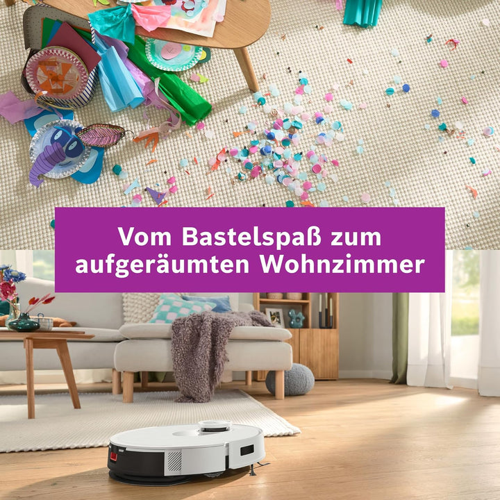 Bosch Spotless + BCRD1W Saugroboter mit Wischfunktion, 11.000 Pa Saugkraft, Wischpad, Trocken-Servic