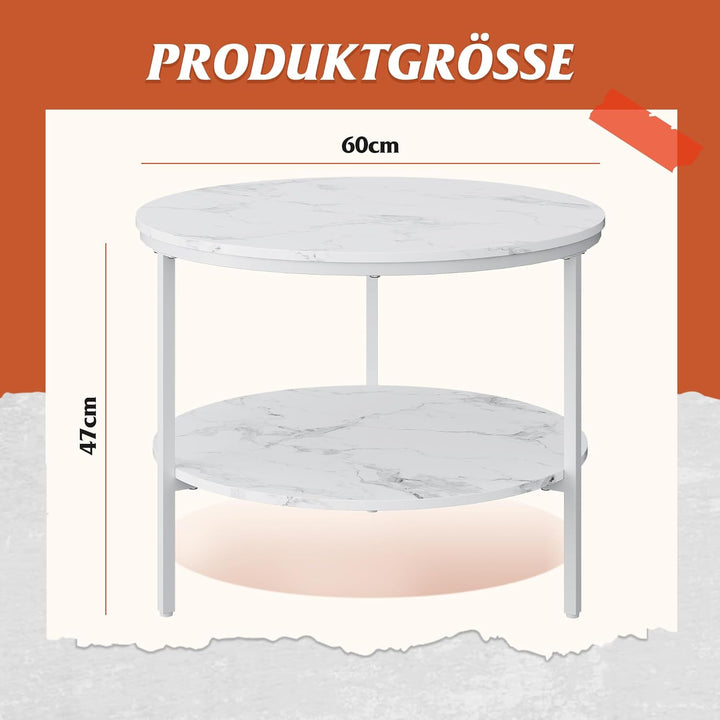 WLIVE Runder Couchtisch Weiss, Wohnzimmertisch Holz mit 2 Ebenen, Sofatisch mit viel Stauraum, für W