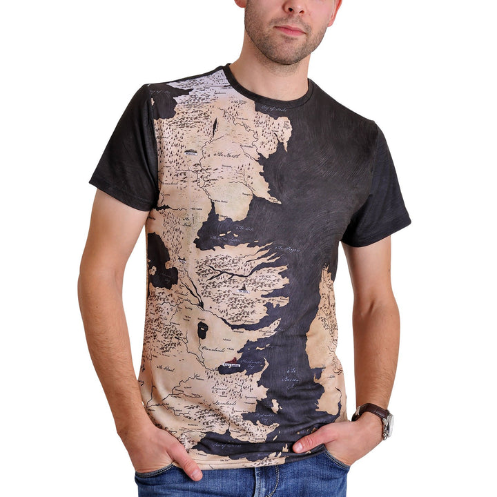 Elbenwald Game of Thrones T-Shirt Westeros und Essos Karte Rundum-Print für Herren schwarz - S