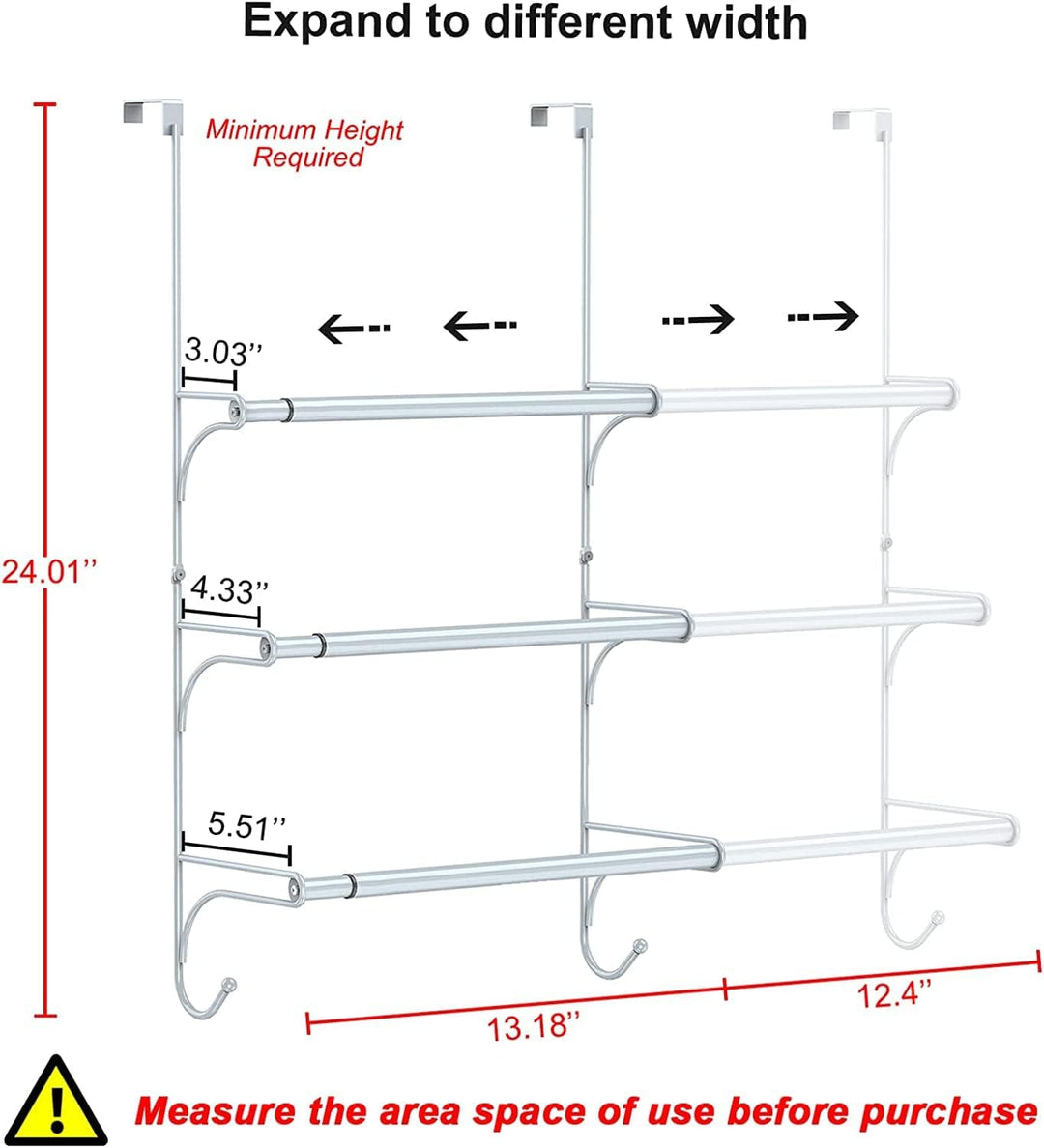 3-Stangen Handtuchhalter über der Tür - Verstellbarer Badezimmer Handtuchhalter ohne Bohren Montierb