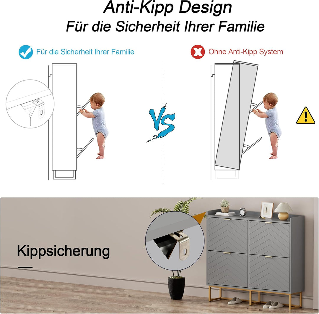 UEV Schuhschrank mit 4 Klappen,100x24x103,5cm Schuhkipper Schmal,Schuhkommode Flur Wohnzimmer Eingan