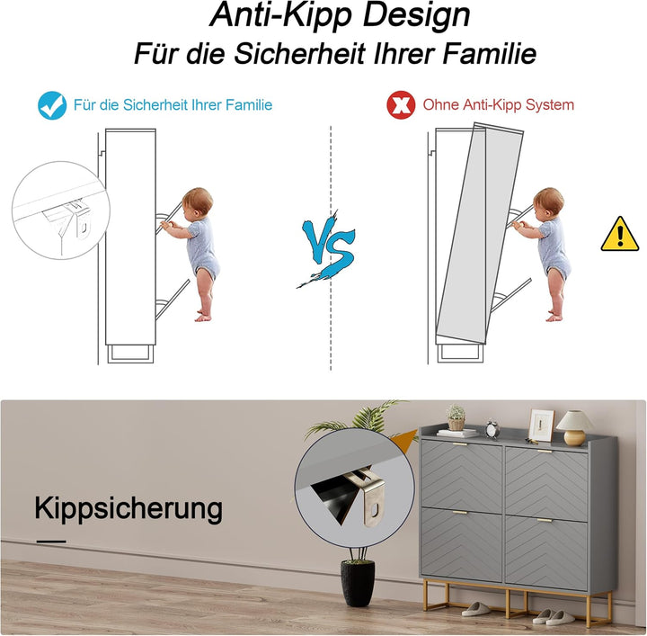 UEV Schuhschrank mit 4 Klappen,100x24x103,5cm Schuhkipper Schmal,Schuhkommode Flur Wohnzimmer Eingan