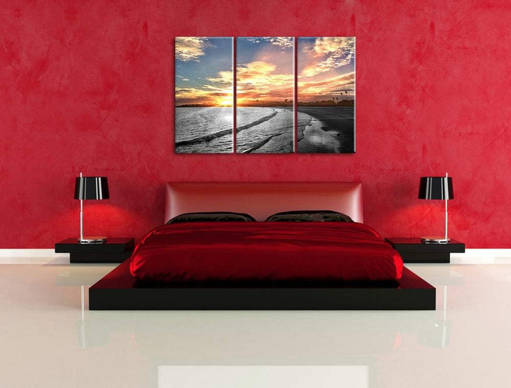 Pixxprint Strand bei Sonnenuntergang als Leinwandbild | Grösse: 3 Teilig (120x80) | Wandbild| Kunstd