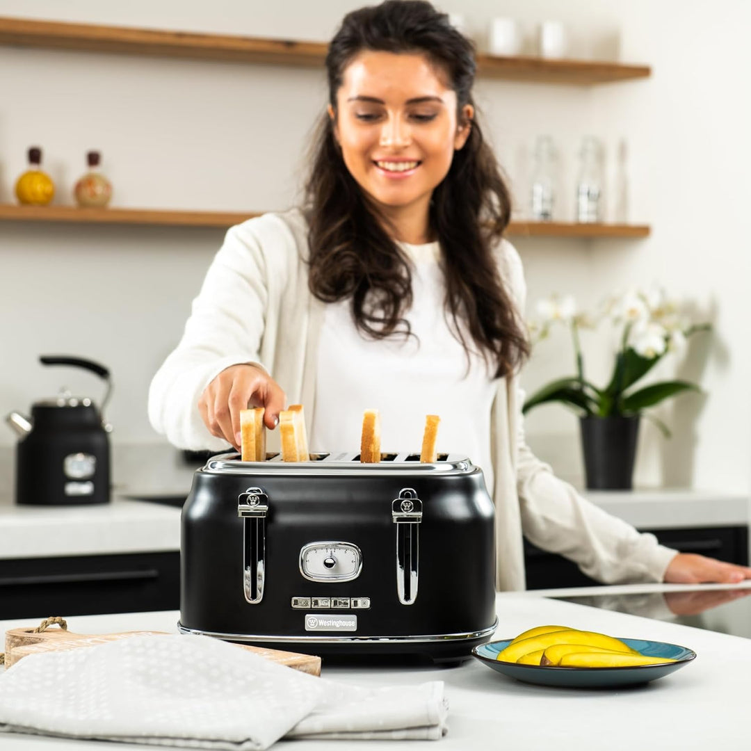 Westinghouse Retro Toaster 4 Scheiben, Abnehmbarer Brötchenaufsatz, 6 Bräunungsstufen, Brotzentrieru