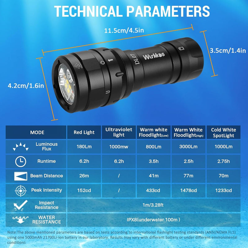 Wurkkos DL07 Tauchlampe,3000 Lumen LED Tauchen Taschenlampe 100 M Unterwasser Foto Füllbeleuchtung U