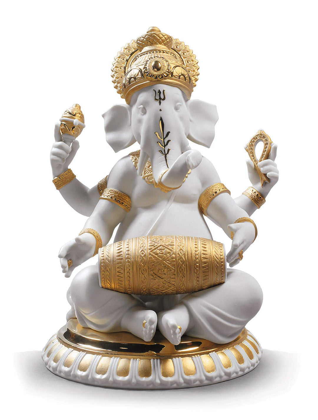 LLADRÓ Figur Ganesha Mit Mridangam. Gold. Ganesha. Porzellan.