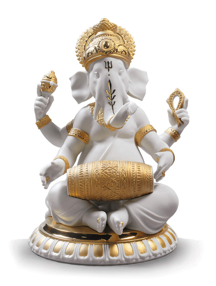 LLADRÓ Figur Ganesha Mit Mridangam. Gold. Ganesha. Porzellan.