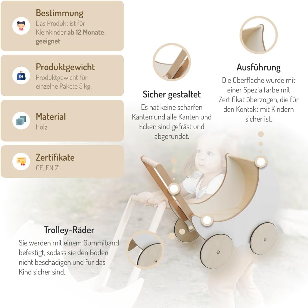 COIL Puppenwagen Lauflernwagen, Lauflernhilfe, aus Holz, Gummiräder, Kinderspielzeug