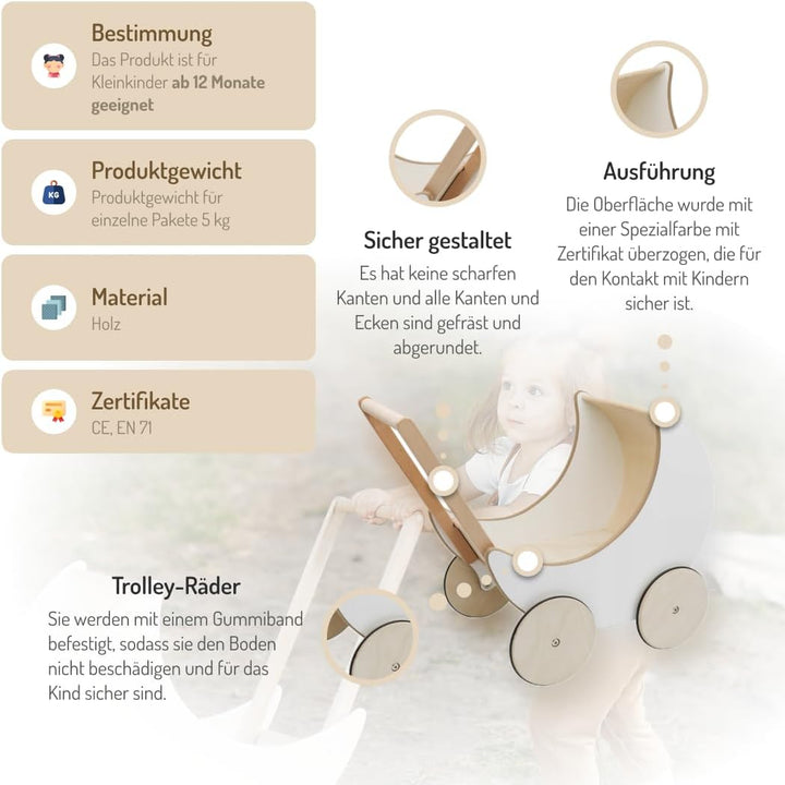 COIL Puppenwagen Lauflernwagen, Lauflernhilfe, aus Holz, Gummiräder, Kinderspielzeug