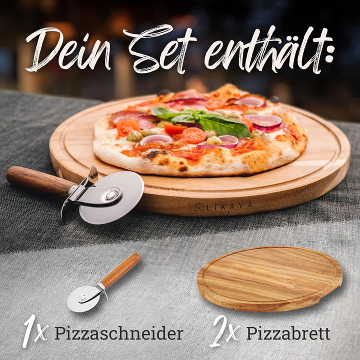 LIKAYA® Pizzabrett/Pizzateller 'MARIO' 2er Set rund mit Pizzaschneider [⌀35cm gross] aus FSC®-zertif