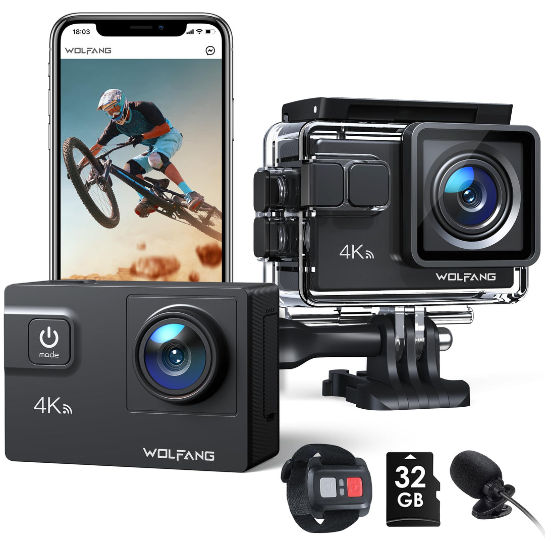 WOLFANG Action Cam,WiFi 4K 60 FPS Neue GA300 Actionkamera,8xZoom 24MP,Unterwasserkamera 40 Meter mi,
