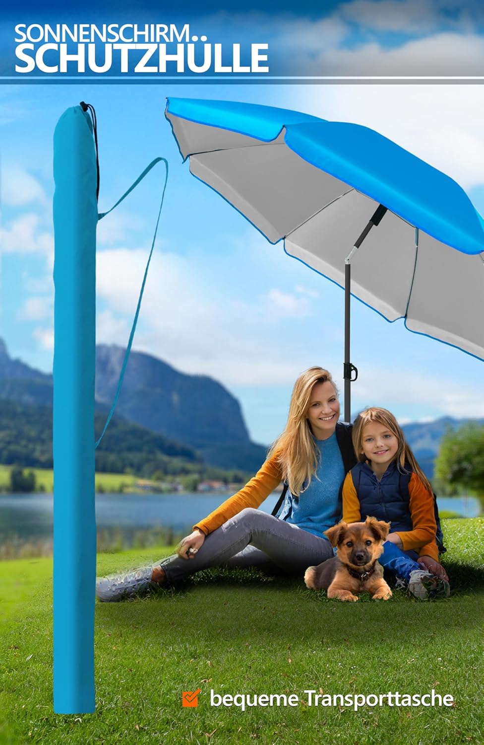 4smile Sonnenschirm Strand Ø 200 cm, 3-in-1 SET mit Bodenhülse, Blau | UPF 50+ Strandschirm + Sonnen