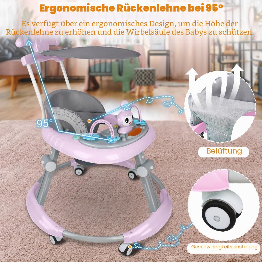OHMG Babywalker Lauflernwagen, 5 in 1, Lauflernwagen, Wippfunktion, Babywippe mit Rollen, Licht, Mus