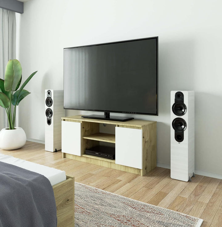 AKORD Low Board K-120 | TV-Shrank mit EIN offenes Regalfach | Fernsehkommode 2 Ablagen mit Türen Lin