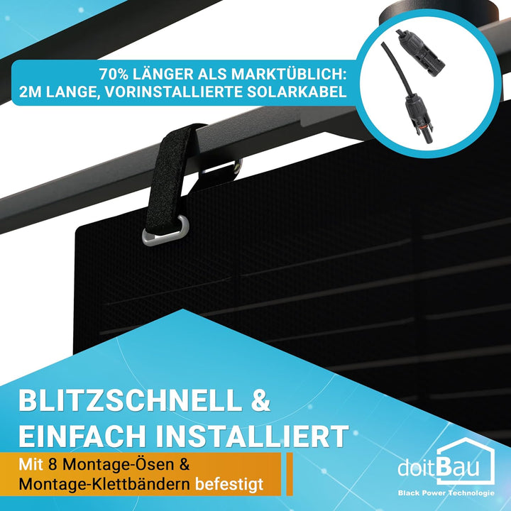 doitBau flexibles Solarmodul 200 W Full-Black mit Rückbox – ultradünn 2 mm, 1,9 kg – 1352 × 770 mm f