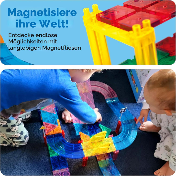 PicassoTiles 80 Stück Rennwagen Bahn Baustein Lernspielzeug Set Magnetische Fliesen Magnet DIY Spiel