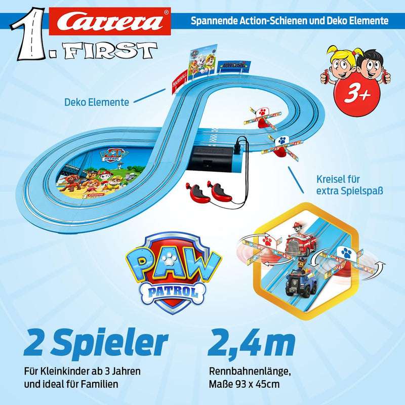 PAW Patrol Carrera First Rennbahnset | Chase & Marshall | 2,4m Strecke | Kreisel für extra Spielpass