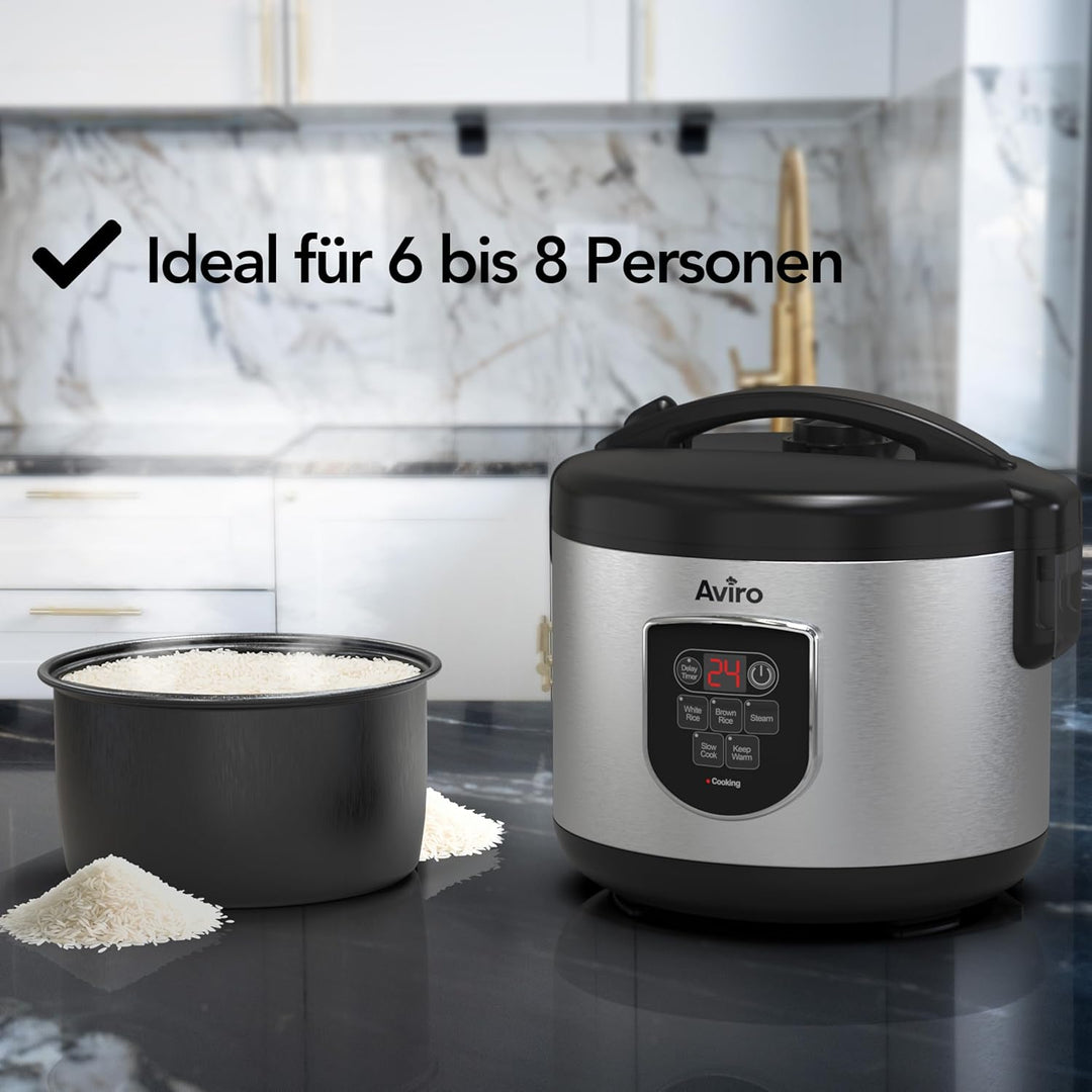 Aviro Reiskocher – Slow Cooker – 1,8 l – 7 Funktionen – Warmhaltefunktion – Reiskocher – Antihaftbes