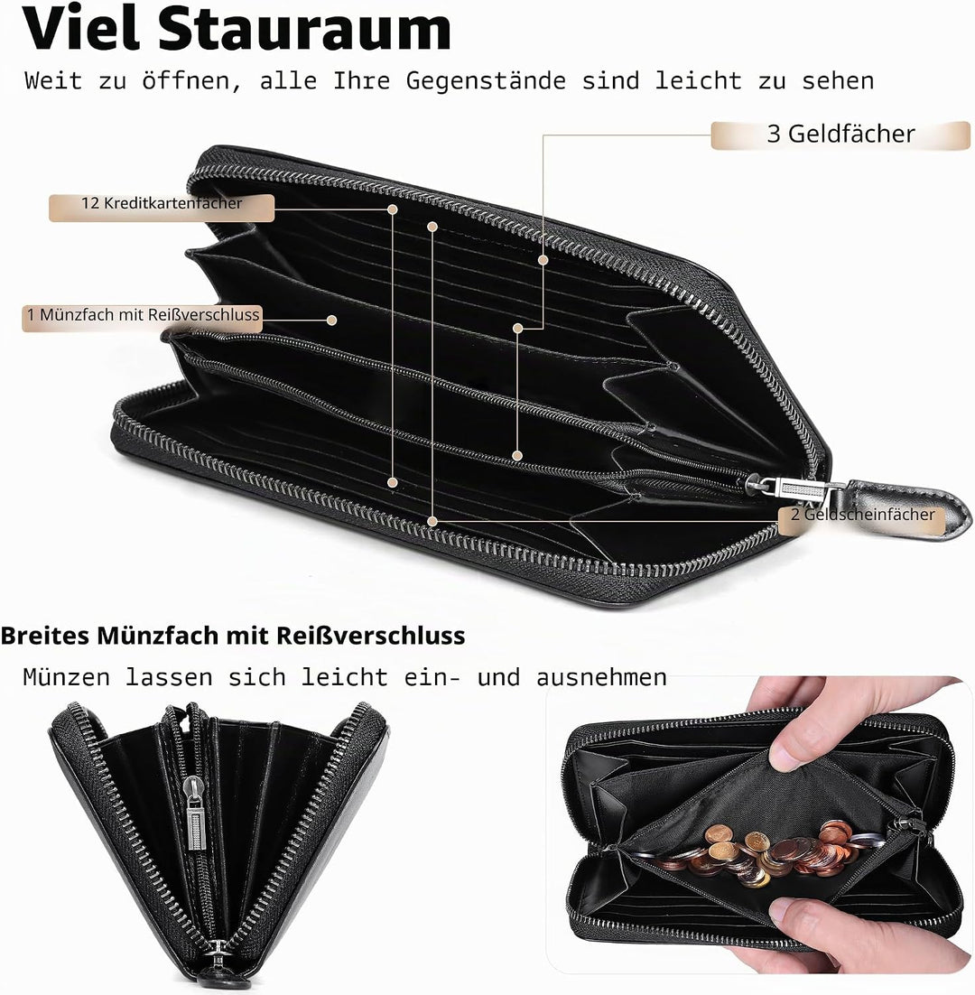 VISOUL Premium Brieftasche Echtleder/Italienisches Leder mit RFID-Schutz, XXL Geldbörse Schwarz L02,