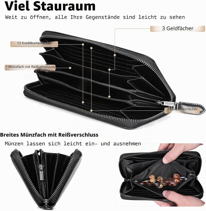 VISOUL Premium Brieftasche Echtleder/Italienisches Leder mit RFID-Schutz, XXL Geldbörse Schwarz L02,