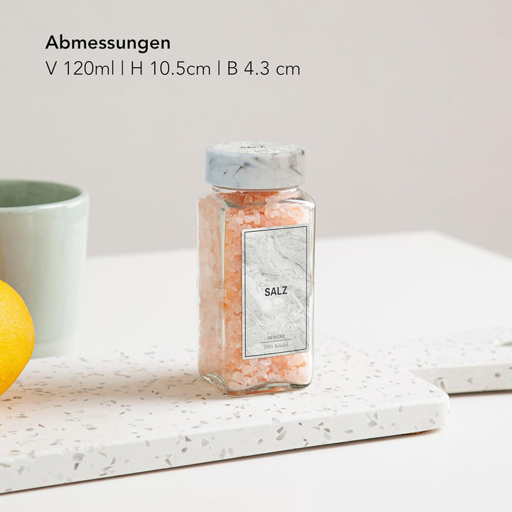 Greeano Mamor Weiss Gewürzgläser Set [24 x 120ml] mit 300 Gewürzetiketten [DE] - Gewürzgläser eckig