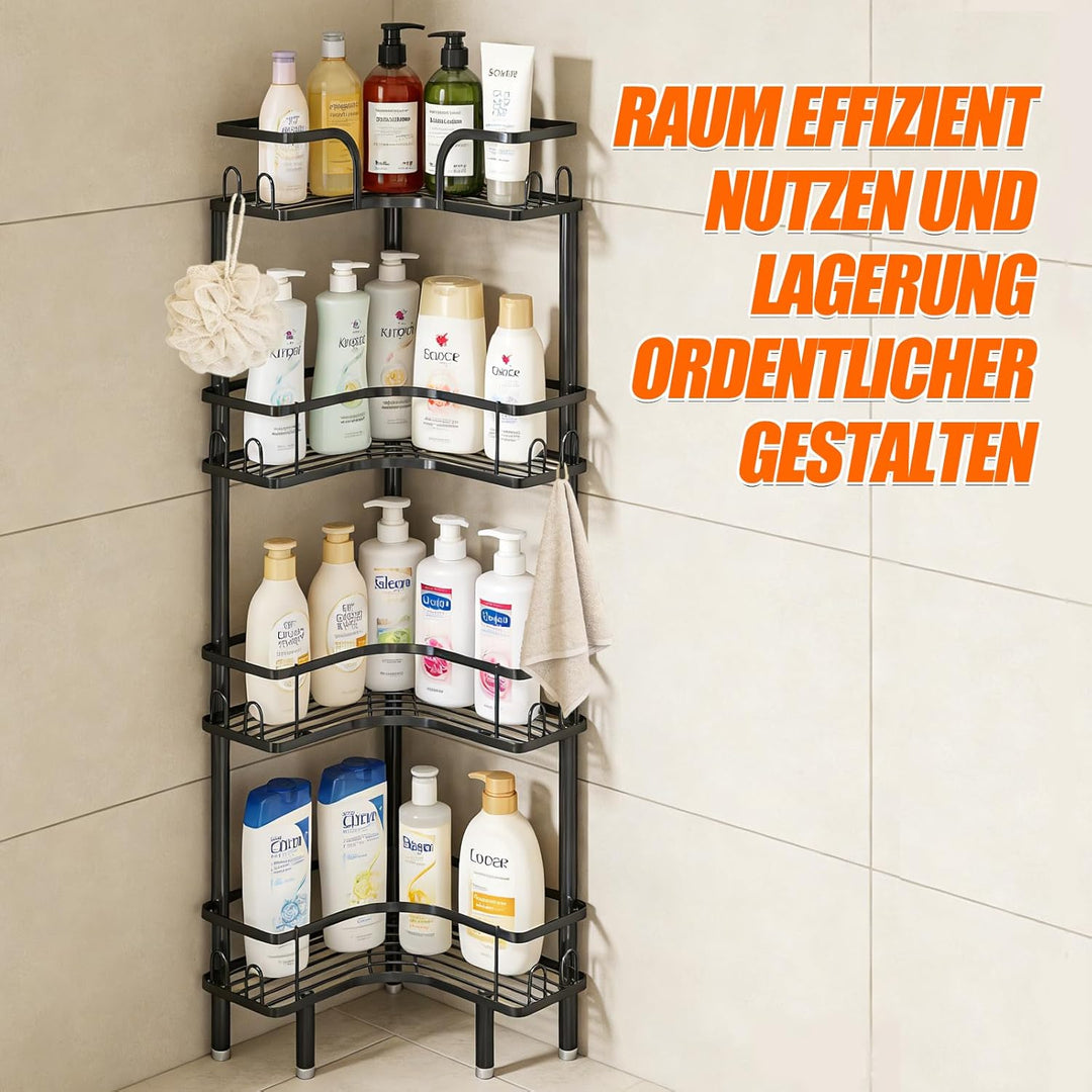 Teleskop Duschregal, 4-Tier Teleskopregal Bad Eckregal mit 16 Haken, Duschablage Ohne Bohren Höhe 10