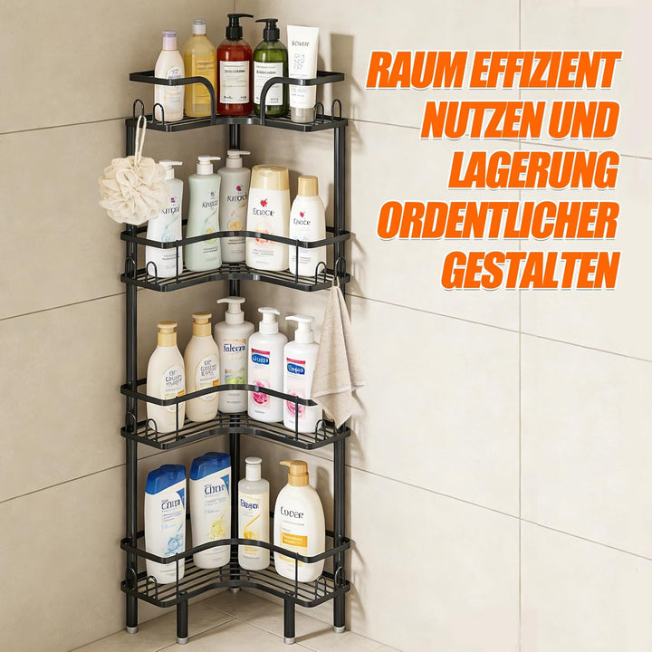 Teleskop Duschregal, 4-Tier Teleskopregal Bad Eckregal mit 16 Haken, Duschablage Ohne Bohren Höhe 10