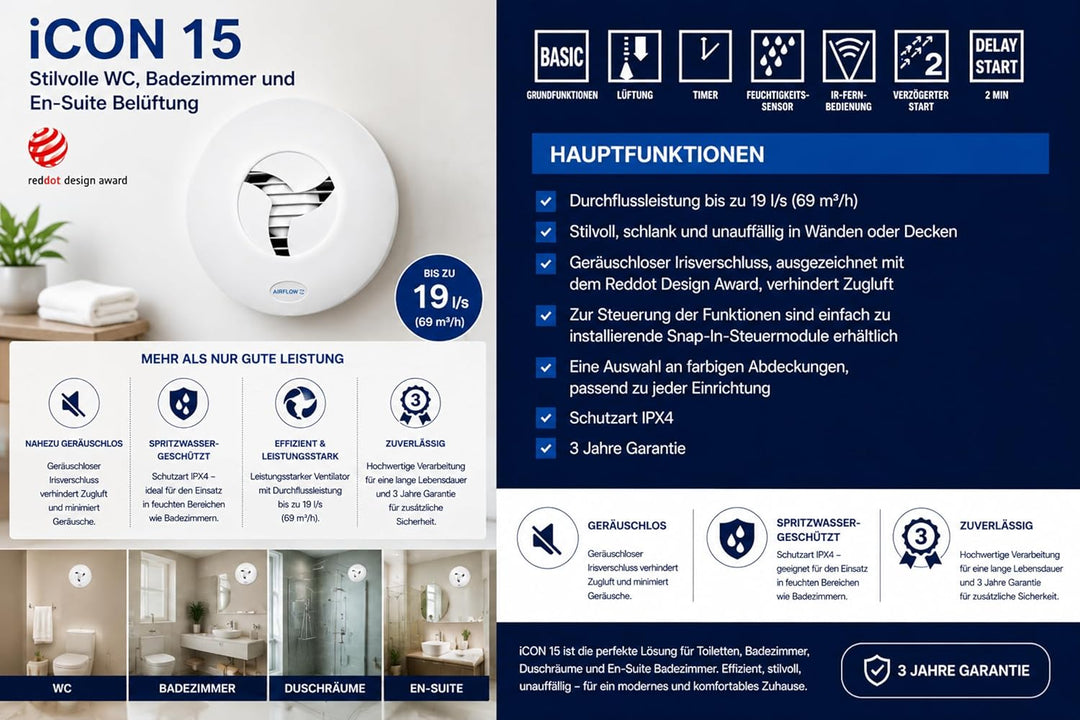 Airflow iCON 15 Badlüfter – 100 mm / 4 Zoll – Energiesparend 9,4 W, 19 l/s – Geräuscharmer Iris-Rück