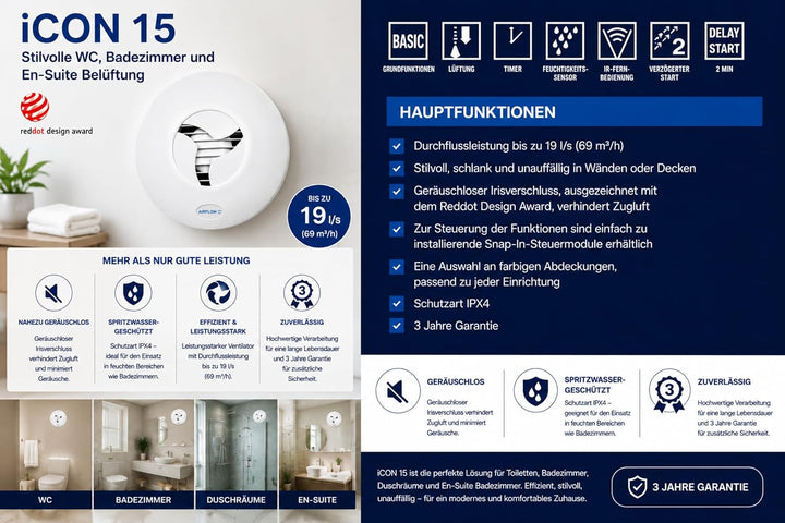 Airflow iCON 15 Badlüfter – 100 mm / 4 Zoll – Energiesparend 9,4 W, 19 l/s – Geräuscharmer Iris-Rück