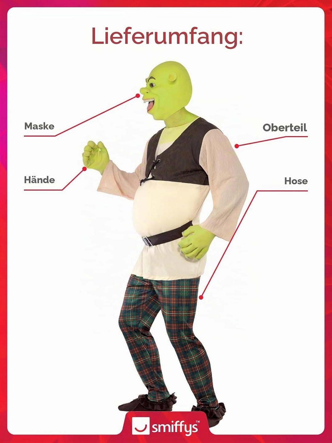 Smiffys Shrek Costume, Green with Top, Trousers, Hands &amp; Mask, Officially Licensed Shrek Fancy Dress