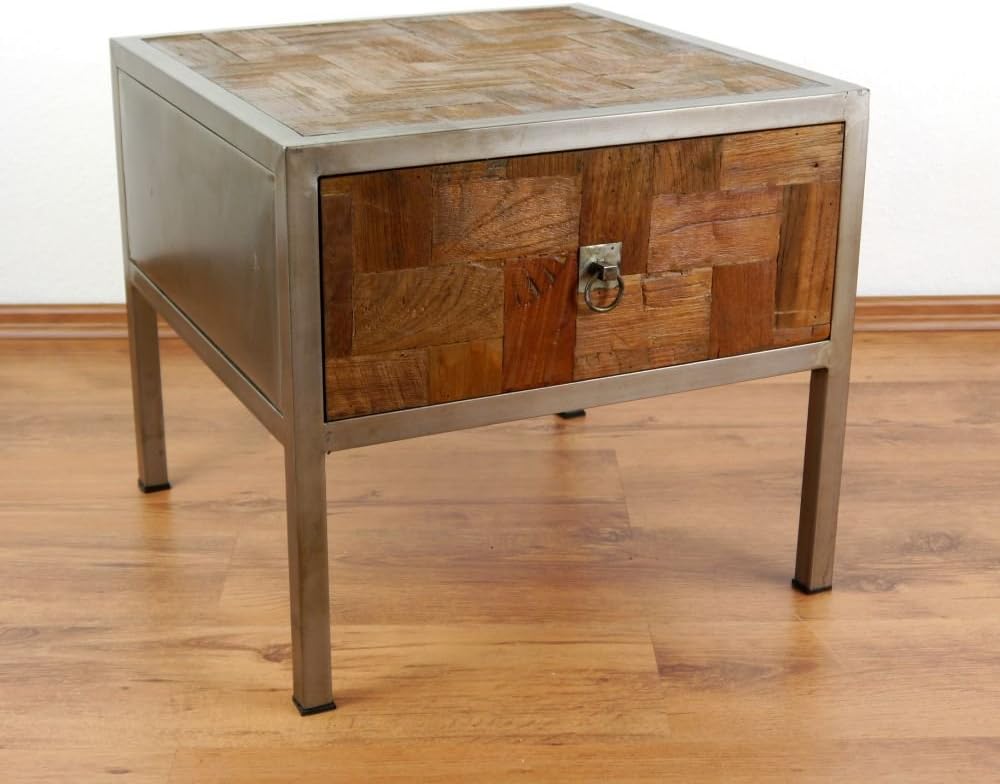 livasia Java Beistelltisch aus Metall und Teakholz | Nachttisch im Industrial Design | Asiatische Mö