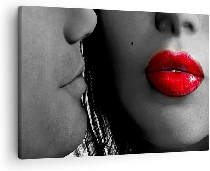 Bilder auf Leinwand Rote Lippen dunkles Haar Modell Liebe Leinwandbild 70x50cm Wandbilder Dekoration