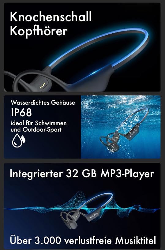 auvisio wasserdichte Knochenschall-Kopfhörer, BT 5.3, 32 GB MP3-Player, IP68