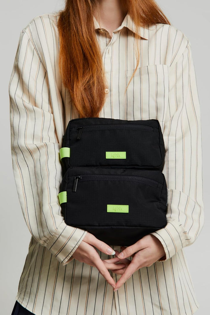 Lefrik Kei Washbag Kulturbeutel - 100% recycelter Stoff - umweltfreundlich Schwarz Limette, Schwarz