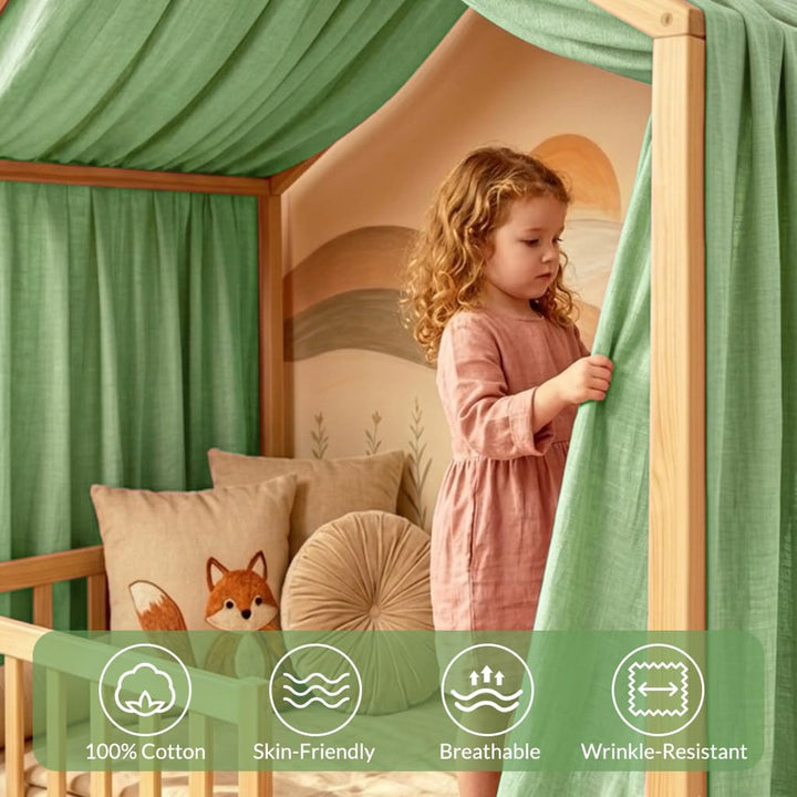 Hausbett Himmel für Kinder, 100% Baumwolle mit Bindegurt und Geschenkbox | Betthimmel Rosa oder Grün