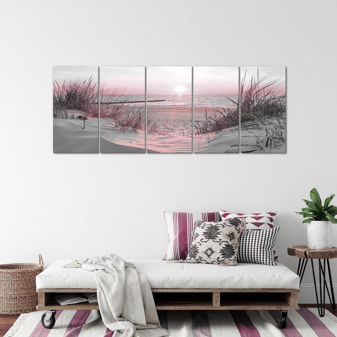 Runa Art Wandbild XXL Strand Sonnenuntergang Schlafzimmer Wohnzimmer 200 x 80 cm Rosa Grau 5 Teilig