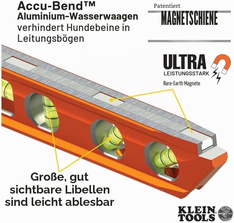 Torpedo Wasserwaage, magnetisch, 4 Libellen für Rohrbiegen & mehr, mit V-Nut & Magnetschiene Klein T