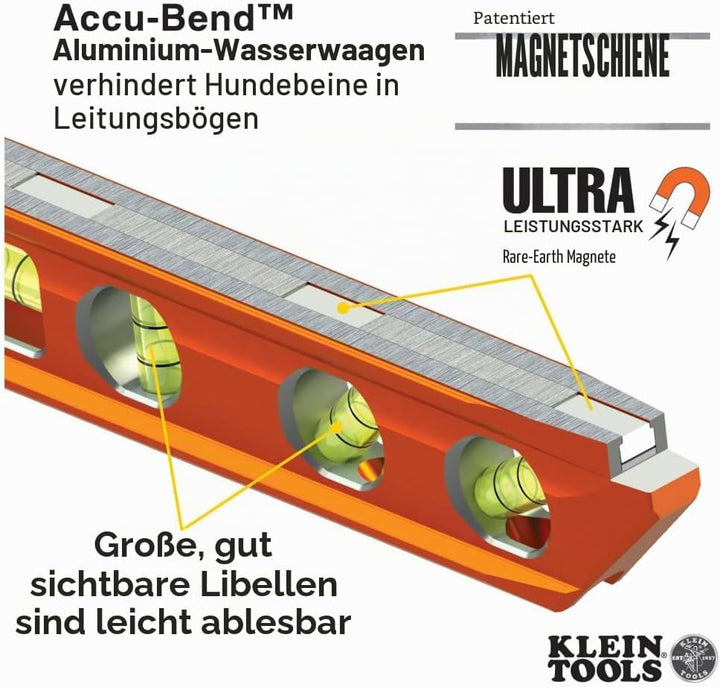 Torpedo Wasserwaage, magnetisch, 4 Libellen für Rohrbiegen & mehr, mit V-Nut & Magnetschiene Klein T