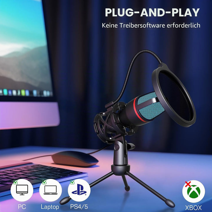 Hoppac USB Mikrofon PC Gaming Mikrofon mit Ständer & Popfilter, Nierencharakteristik Kondensator Mic