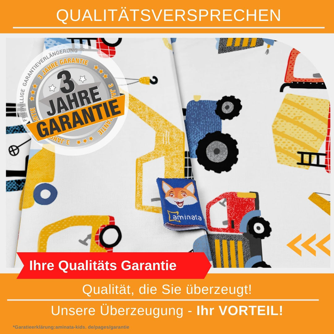 Aminata kids Kinderbettwäsche 100x135 Jungen Bagger Baustelle Baufahrzeuge Baumwolle mit YKK Reissve