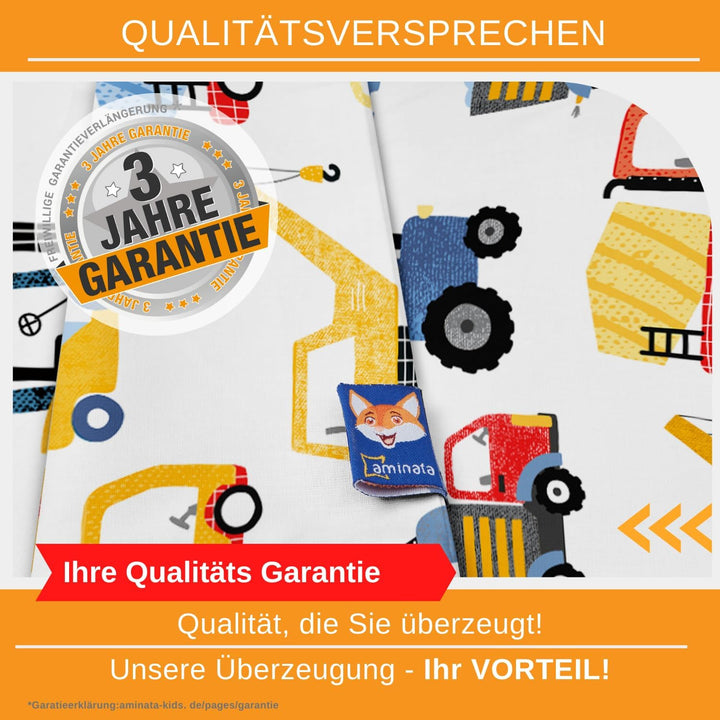 Aminata kids Kinderbettwäsche 100x135 Jungen Bagger Baustelle Baufahrzeuge Baumwolle mit YKK Reissve