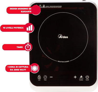 ARDES - AR1F601 Elektroherd 1 Induktionsplatte Leistung 2000 Watt mit Touchscreen-Digitalanzeige Tem