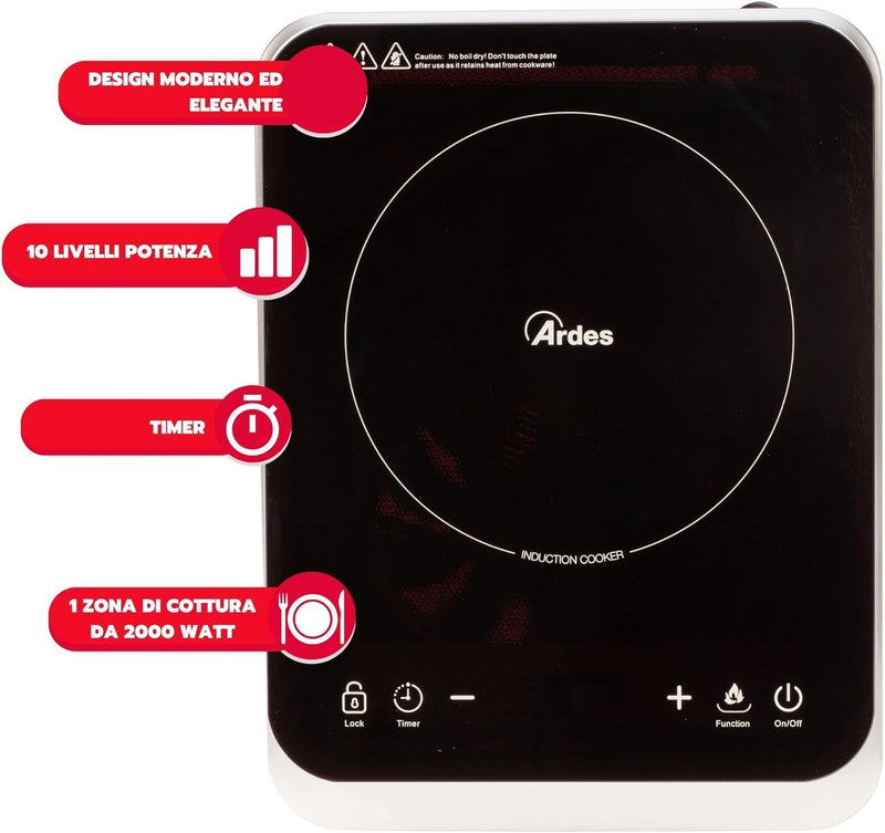 ARDES - AR1F601 Elektroherd 1 Induktionsplatte Leistung 2000 Watt mit Touchscreen-Digitalanzeige Tem