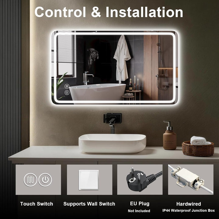 Badspiegel mit Beleuchtung,Spiegel Mit Beleuchtung 80x60cm,LED Badspiegel mit Touch-Schalter,Badezim