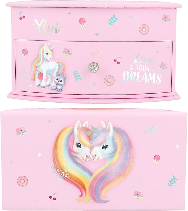 Depesche 13203 Ylvi - Kleines Schmuckkästchen in Pink, mit Einhorn Motiv und Muster, Schmuckbox mit