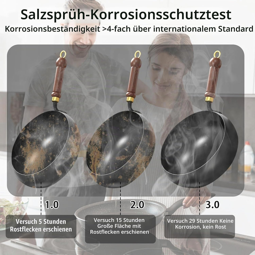 Japanische Handgeschmiedete Eisenpfanne 28cm – Robuste Eisenpfanne mit Holzdeckel &amp; Spatel, Antihaft