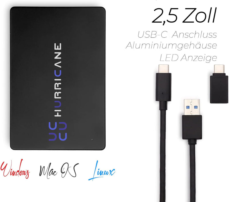 HURRICANE MD25C3 500GB Externe Festplatte 2,5" USB C, Mobile Speicherplatte für Fotos TV Laptop PS4