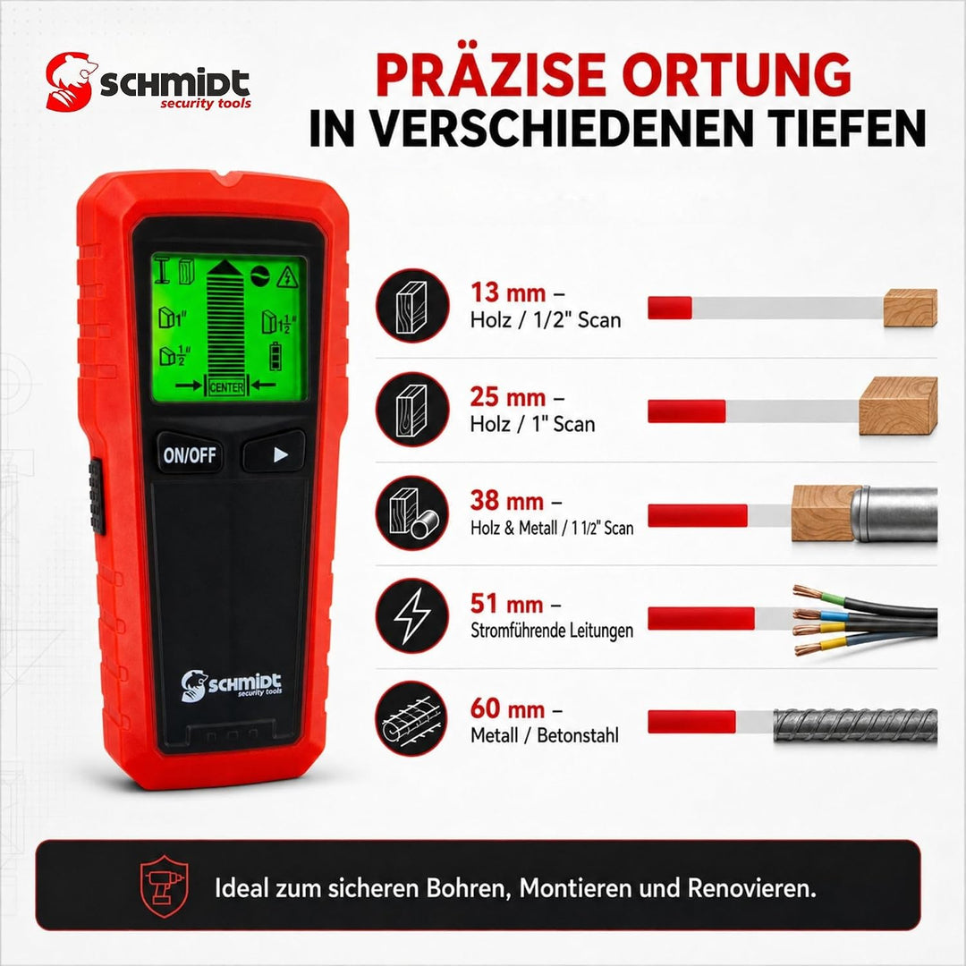 SCHMIDT security tools Ortungsgerät CF-13 Wandscanner Multidetektor Balkensucher Digital Leitungssuc