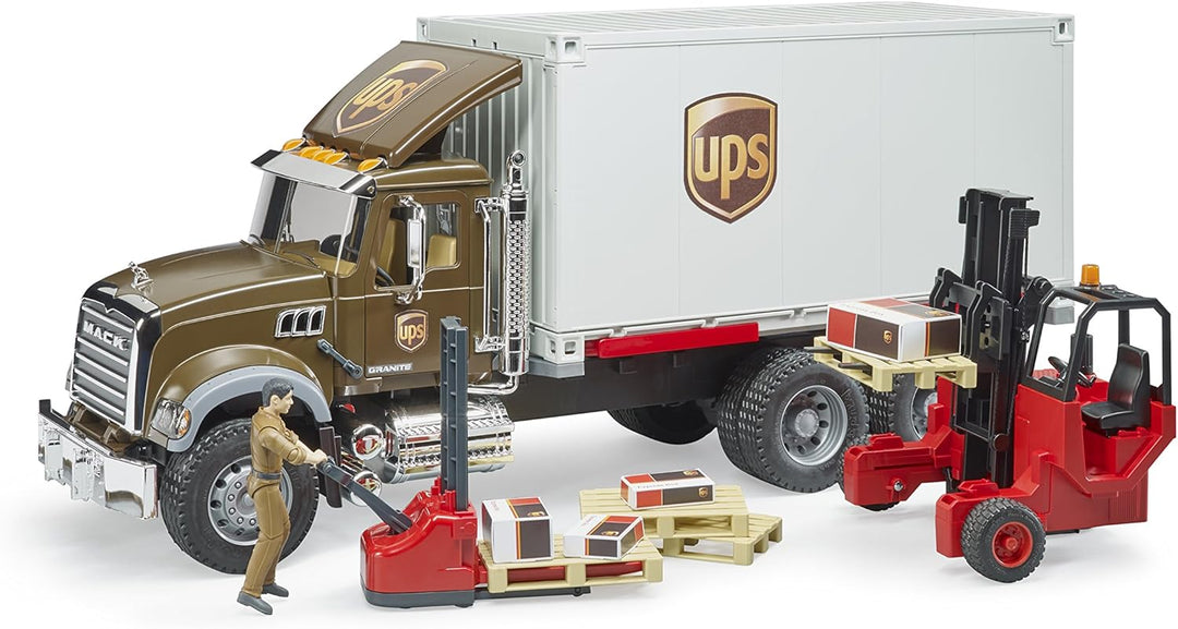 bruder 02828 - Mack Granite UPS Logistik-LKW inklusive Mitnahmestapler - 1:16 Versand & Logistik Fah