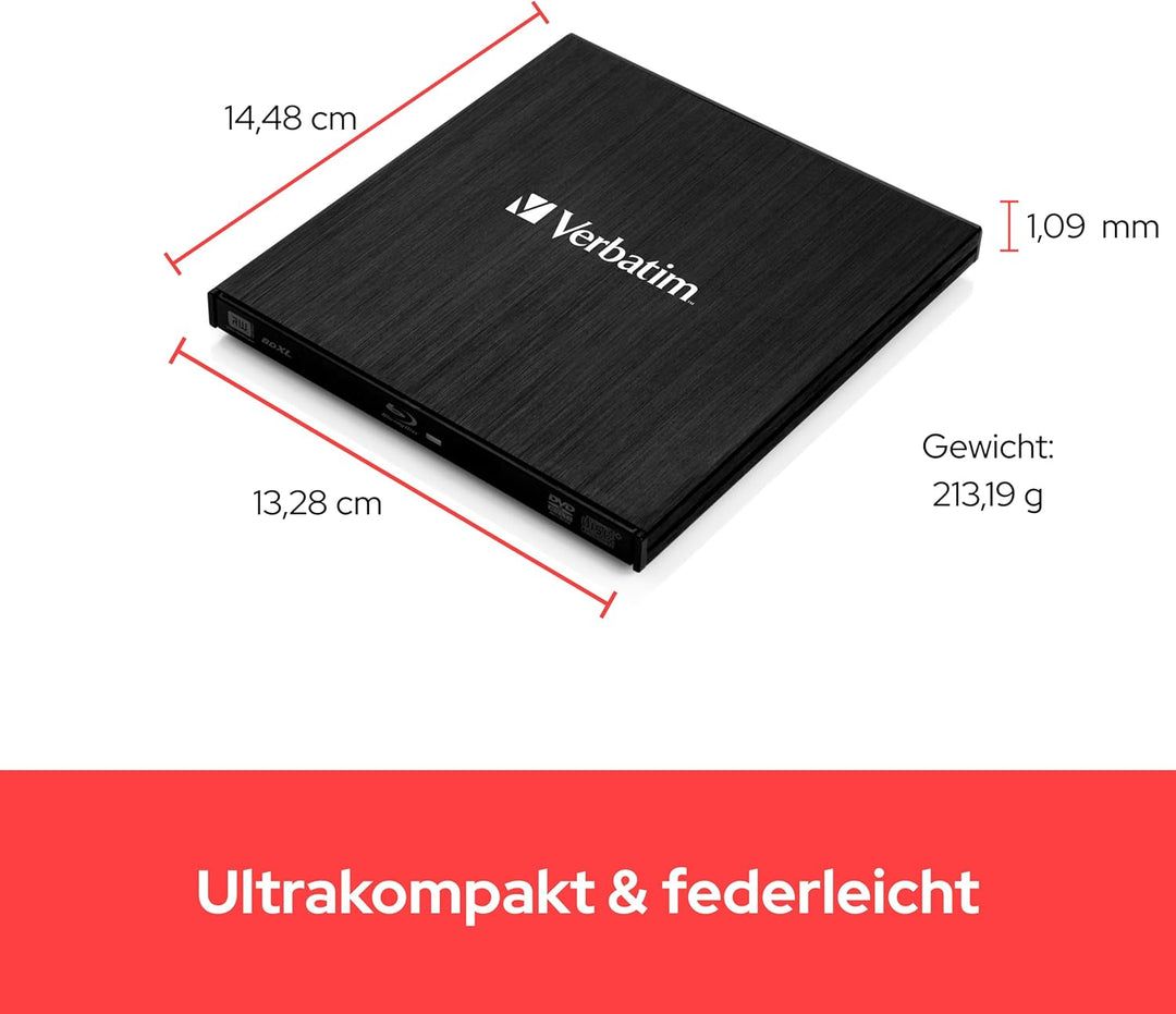 Verbatim Externer Slimline Bluray Writer mit USB 3.0-Kabel, externer DVD und Bluray Brenner, ideal f